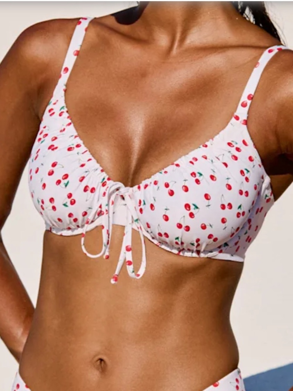 Copacabana White Cherry-Print Bikini Top with Tie Front 32K